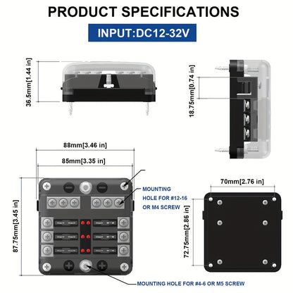 12V/32V Universal Fuse Box Holder With LED Indicator Light - 6/12 Way Blade Portable Car Fuse Box For Auto/Boat Protection