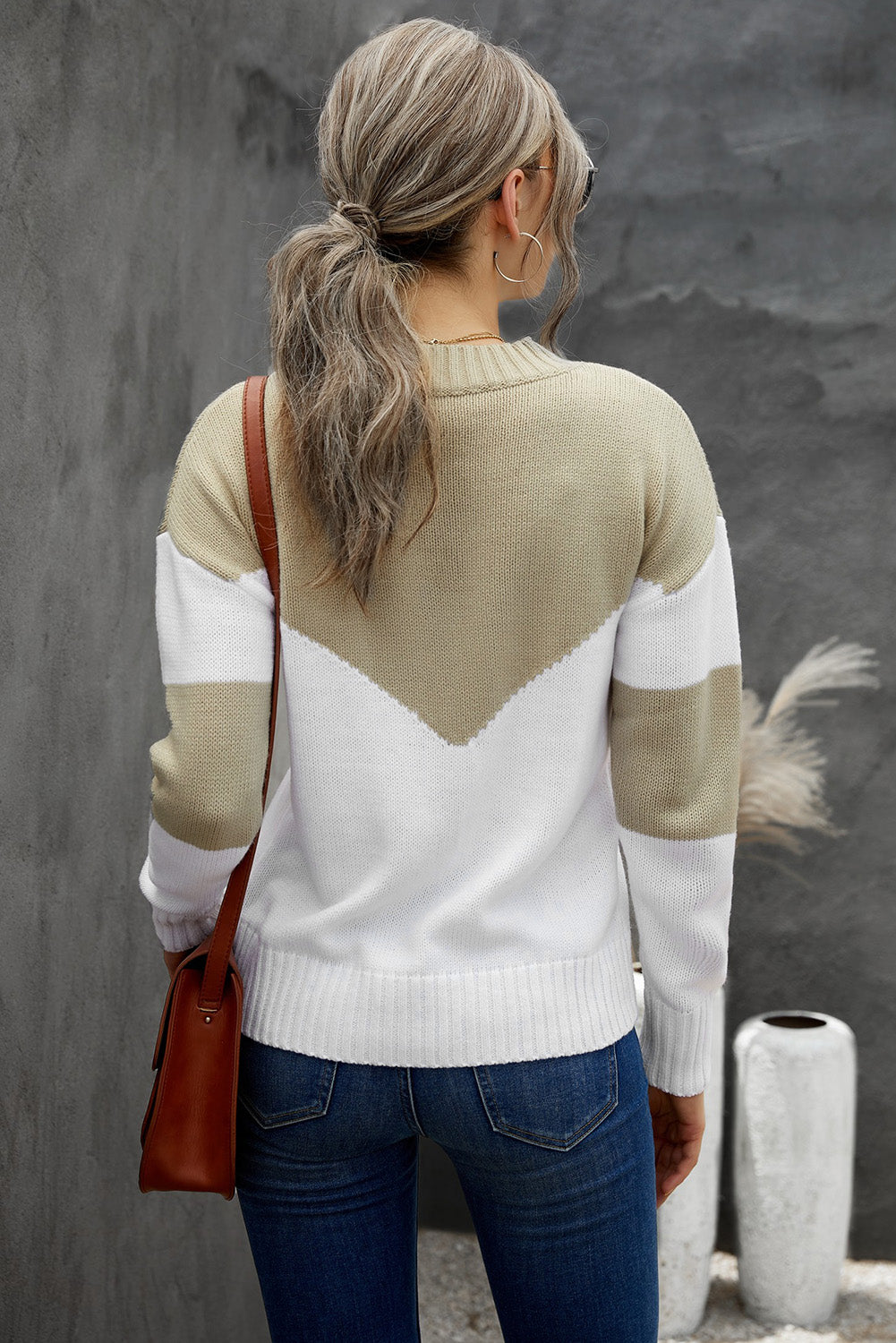 Chevron Color Block V-Neck Dropped Shoulder Sweater