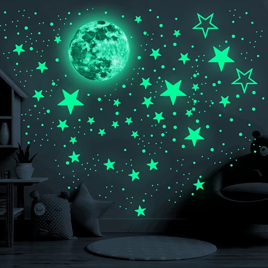 5sheets/set Self Adhesive Fluorescent Stickers, Luminous Moon Glow Stars Wall Decor For Kids, Wall Room Diy Creative Wall Stickers (total444pcs)