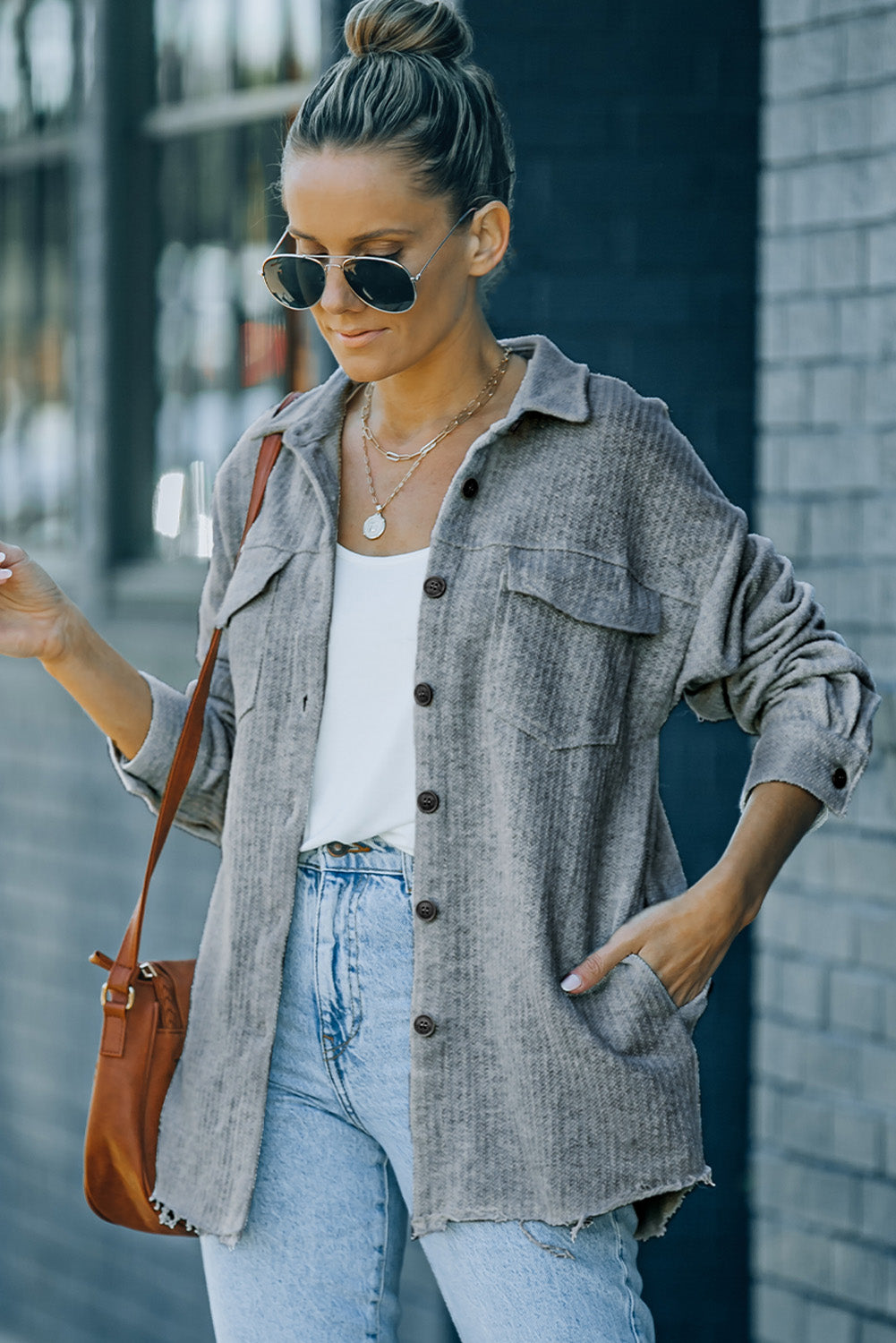 Veste chemise boutonnée texturée avec poches