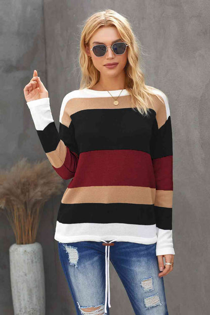 Round Neck Color Block Dropped Shoulder Knit Top