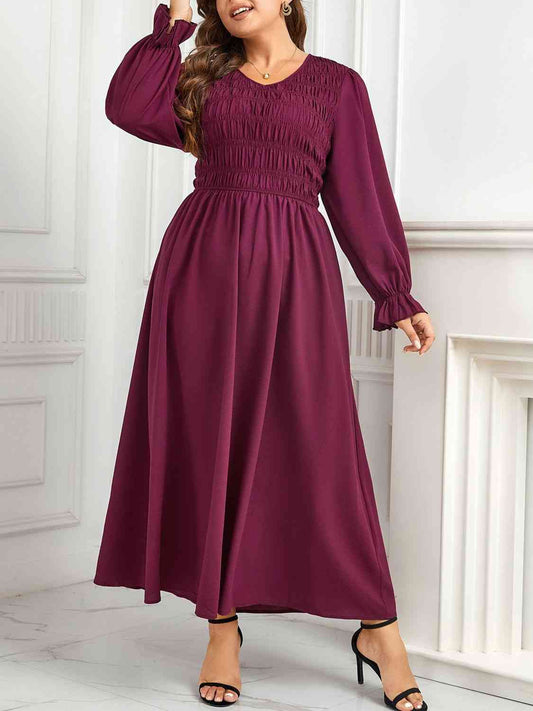 Robe Longue Smockée à Manches Volantes de Grande Taille