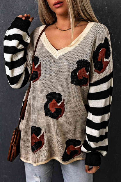 Striped V-Neck Drop Shoulder Sweater