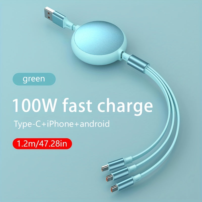 100W Super Fast Charge 3-in-1 Retractable Charging Cable for Apple, Android, and Type-C - Multifunctional Mobile Phone and Electronic Accessories Charger