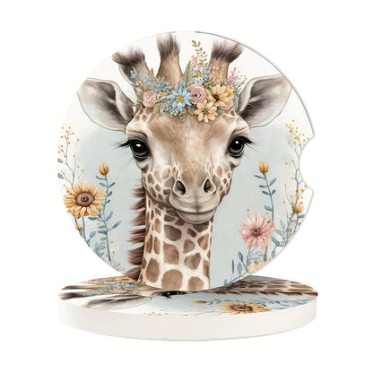 2pcs Giraffe Ceramic Car Coasters - Keep Your Cup Holders Clean & Dry with Cork Back & Finger Slot!