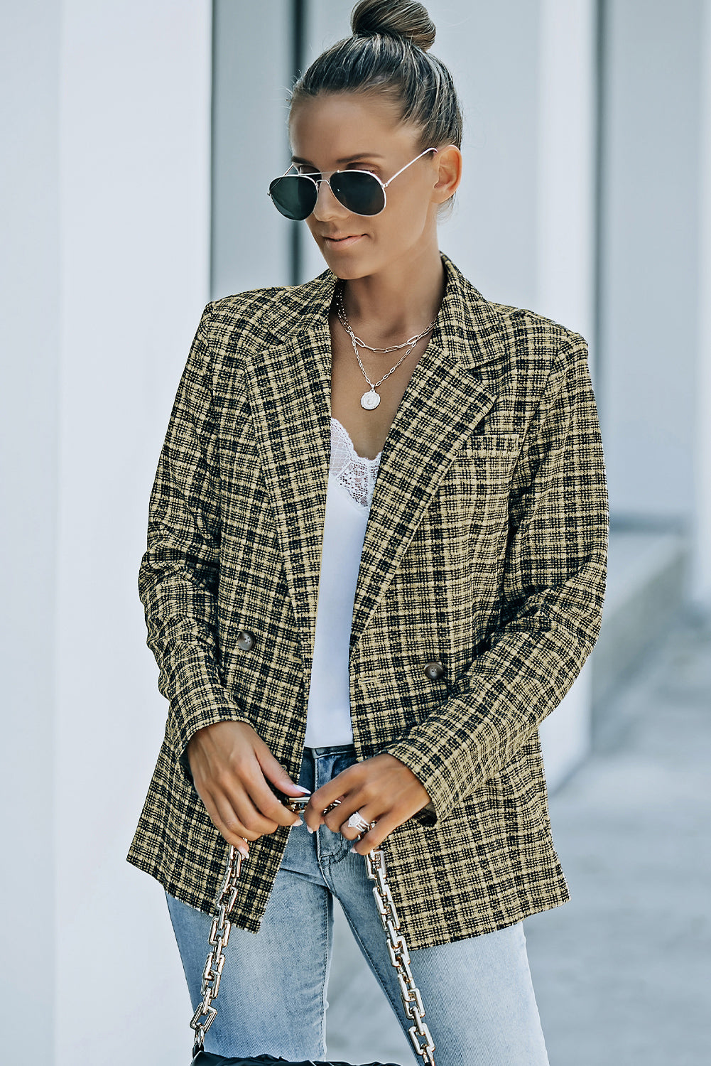 Plaid Double-Breasted Long Sleeve Blazer