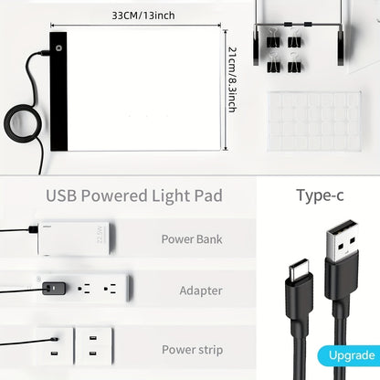 USB Powered LED Light Board for Diamond Painting Kits - Adjustable Brightness with Detachable Stand and Clips - Includes Diamond Painting Tools