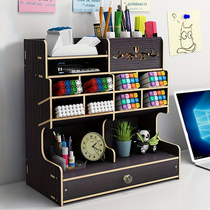 1pc DIY Manual Assembly Wooden Desk Organizer, Multi-Functional DIY Pen Holder, Pen Organizer For Desk, Desktop Stationary, Easy Assembly, Home Office Art Supplies Organizer Storage With Drawer