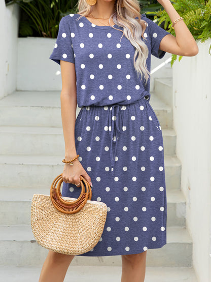 Round Neck Short Sleeve Slit Dress with Pockets