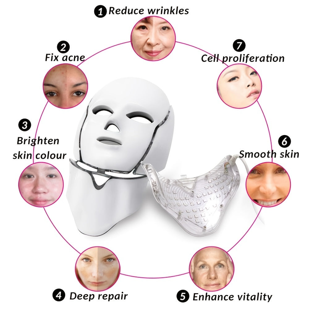 Masque facial LED 7 couleurs avec lumière du cou – Rajeunissement de la peau, traitement de l'acné et lifting du visage – Masseur ferme pour une peau jeune et éclatante 