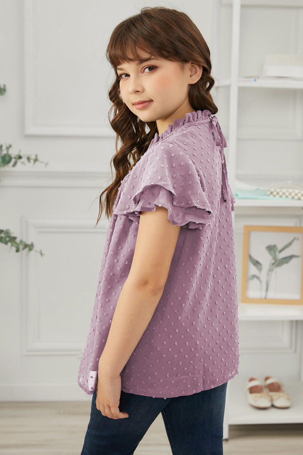 Girls Swiss Dot Smocked Flutter Sleeve Blouse