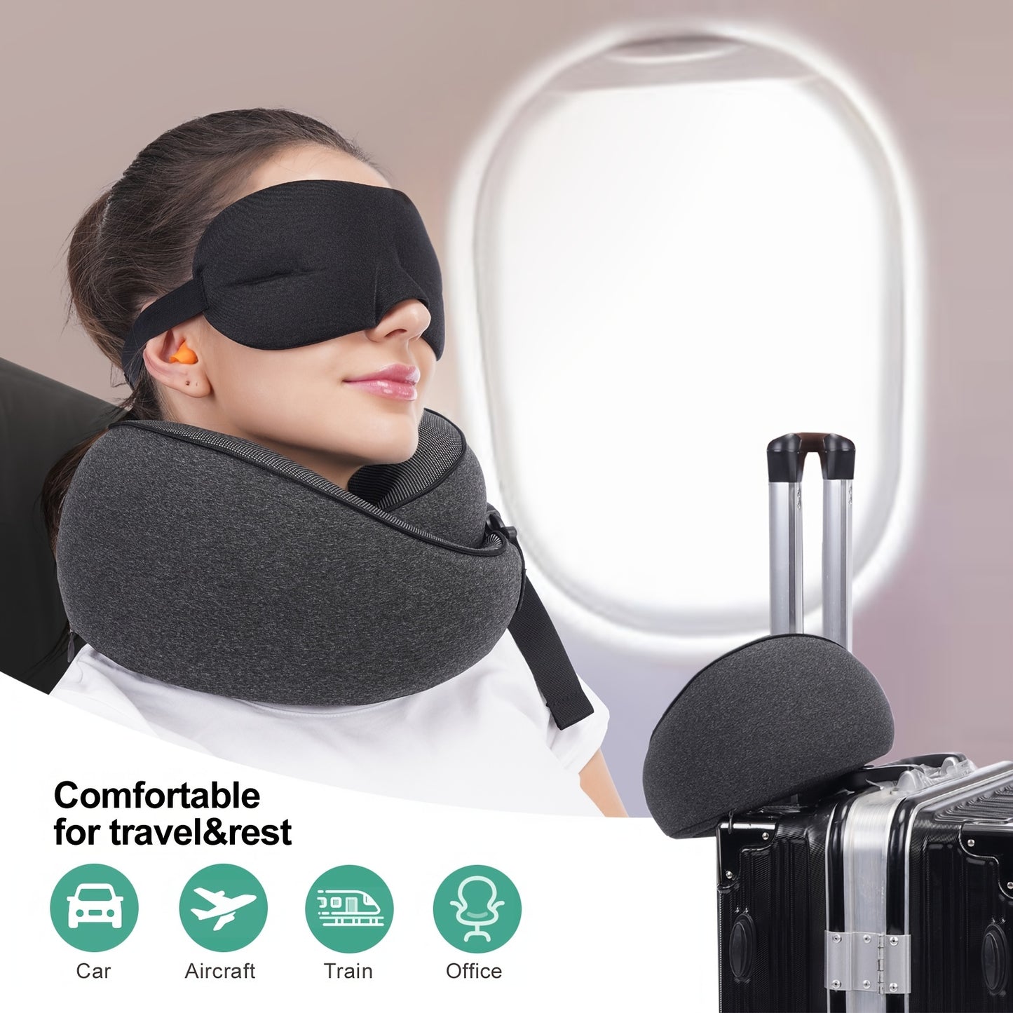 Travel in Comfort: Black Memory Foam Neck Pillow with Breathable Cover - Machine Washable!