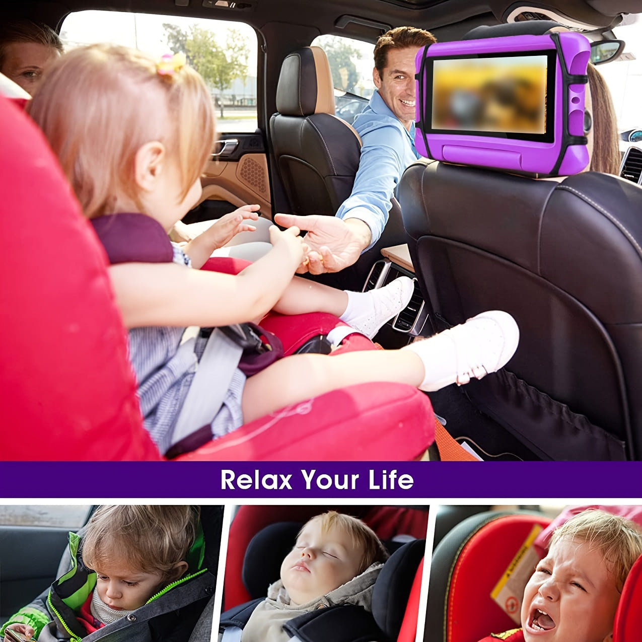 Upgraded Car Headrest Mount Holder, Tablet Holder For Kids In Back Seats, Anti-Slip Strap And Holding Net, Angle-Adjustable/ Fits All 7 Inch To 12.9 Inch Tablets