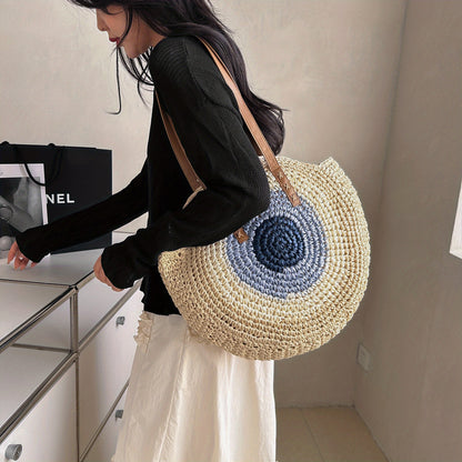 Woven Straw Round Handbags, Hollow Out Summer Beach Bag, Women's Large Capacity Shoulder Bag