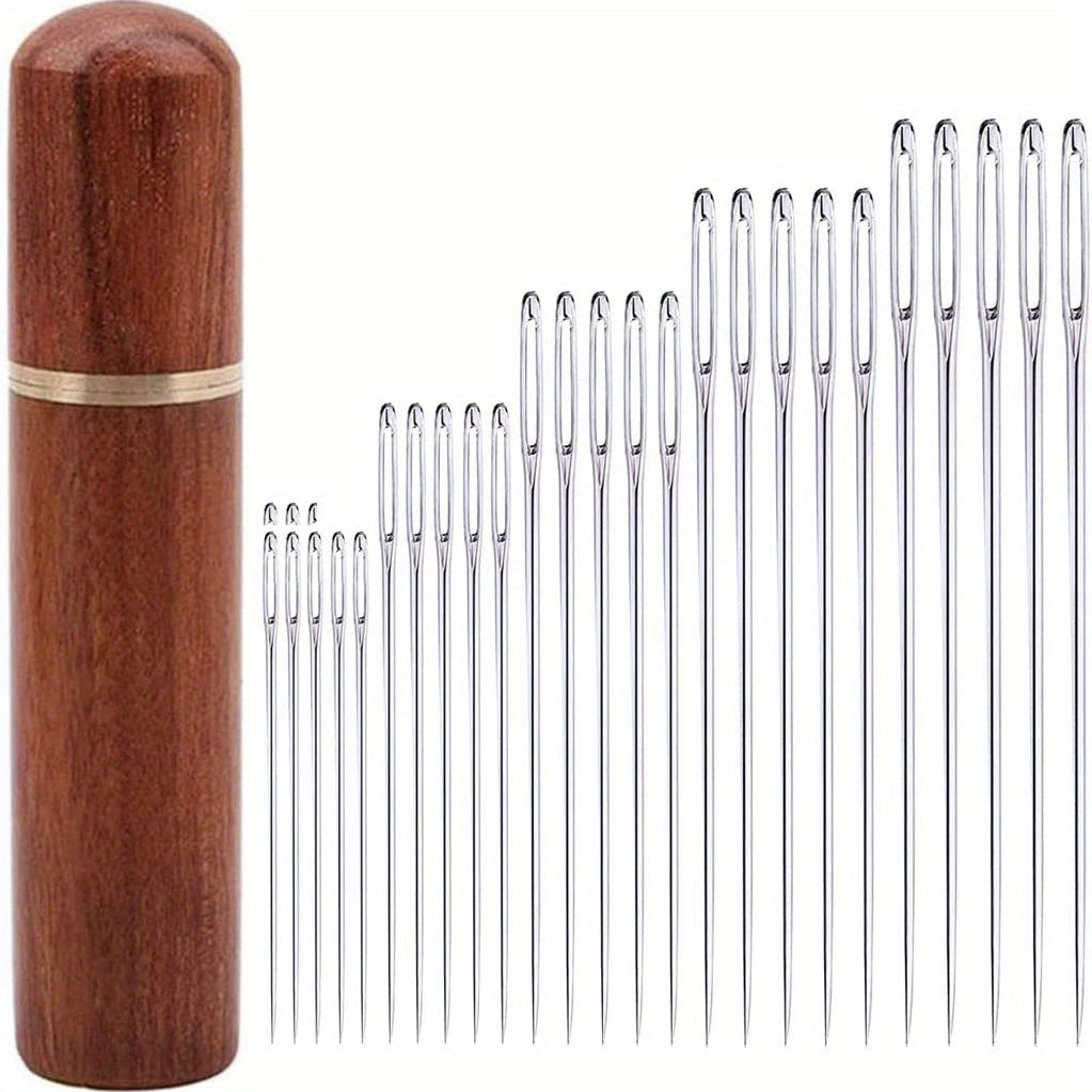 25pcs Large Eye Hand Sewing Needles - Perfect for Cross Stitch, Leather, and Embroidery - Comes with Wood Needle Case for Storage