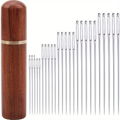 25pcs Large Eye Hand Sewing Needles - Perfect for Cross Stitch, Leather, and Embroidery - Comes with Wood Needle Case for Storage