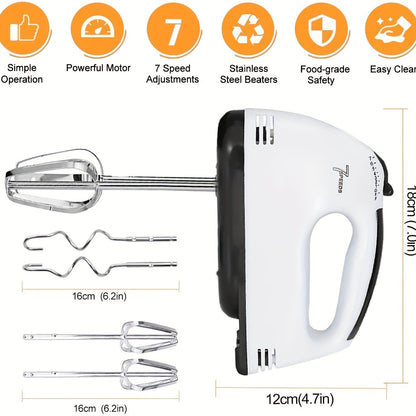 7-Speed Electric Hand Mixer - 110V, 50/60Hz - Includes 2 Dough Hooks, 2 Beaters & Whisk - Perfect for Baking & Cooking - White