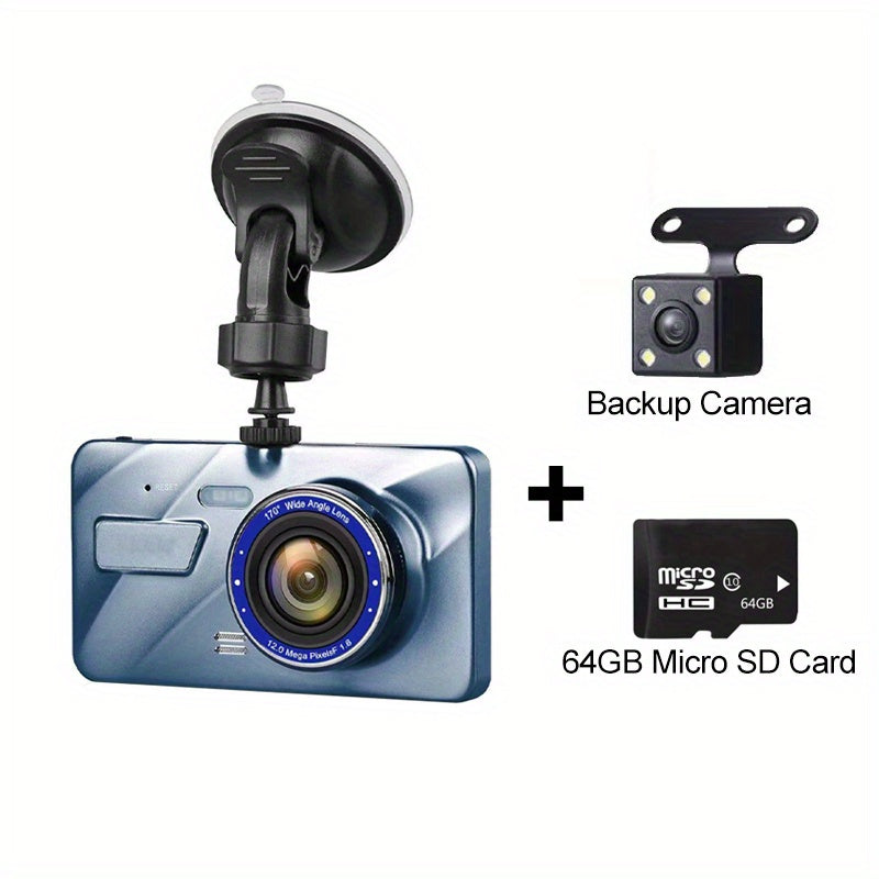 1080p Dual Camera Dash Cam with Waterproof Reverse Camera, 64GB Micro SD Card, 4 Inch Touch Screen, Night Vision, Motion Detection, Parking Surveillance, Loop Recording