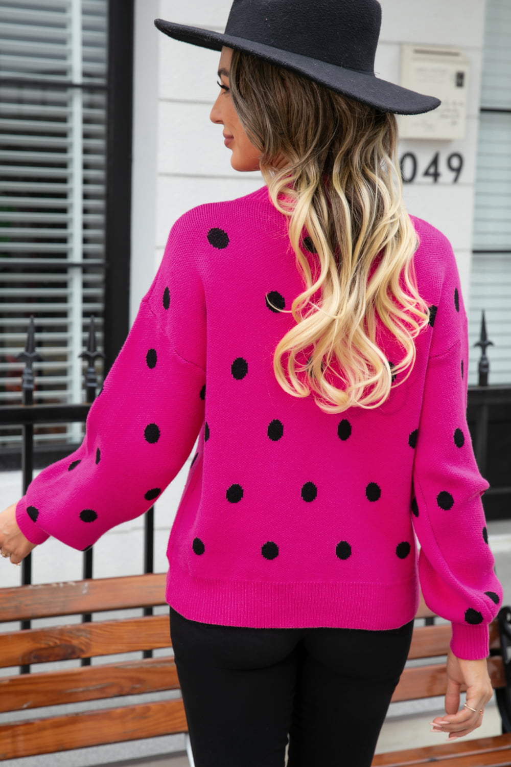 Woven Right Polka Dot Round Neck Dropped Shoulder Sweater