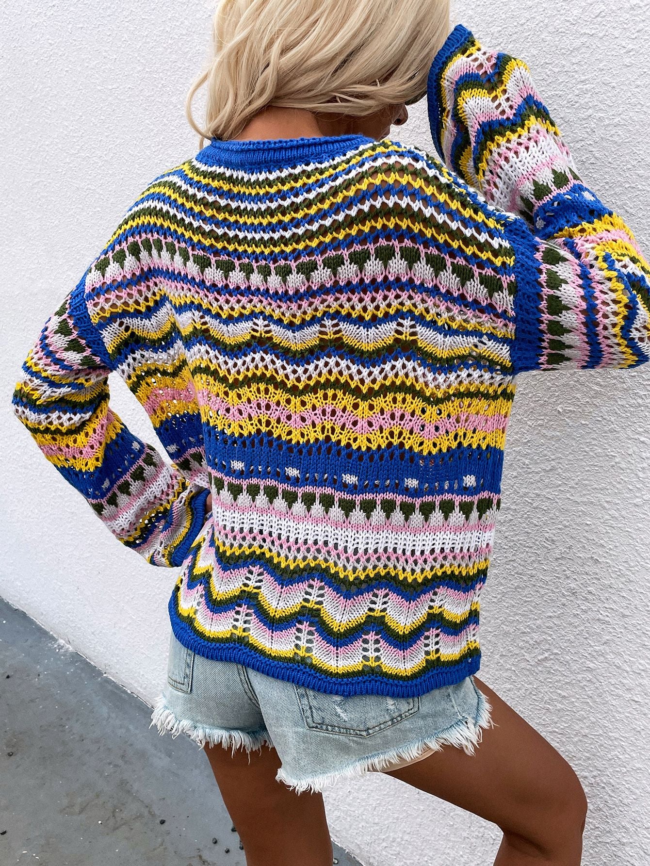 Rainbow Stripe Openwork Flare Sleeve Knit Top