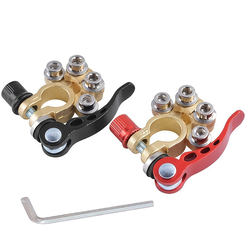 2Pcs Heavy Duty Brass Car Battery Terminal Connectors - Quick Release 4 Way Disconnect for Cars & Trucks