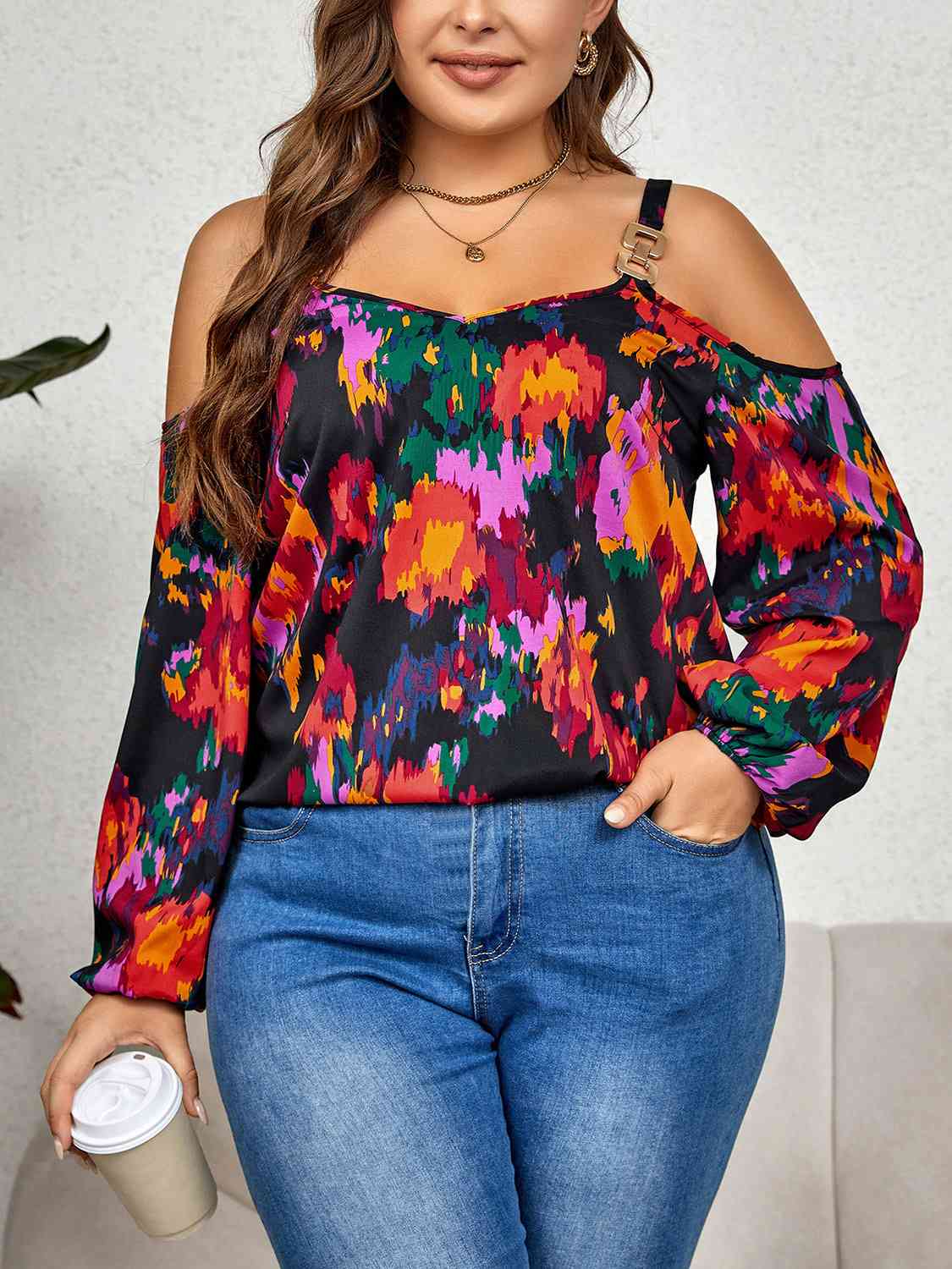 Blouse Imprimée à Manches Longues et Epaule Dénudée de Grande Taille