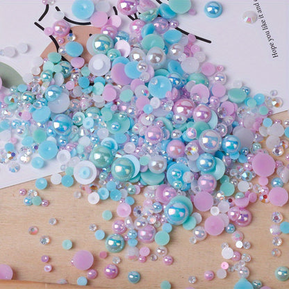 3800pcs 30g Mixed Flat Back Pearls and Rhinestones for Crafts and Nail Art - 3mm-10mm Sizes in Blue, Pink, and White - Perfect for Eye Makeup and Jewelry Design