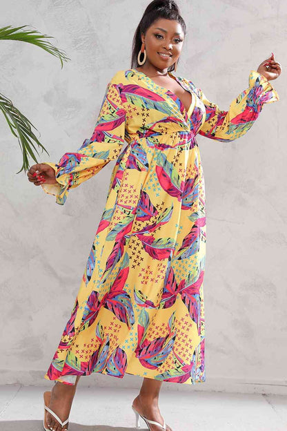 Plus Size Printed Flounce Sleeve Maxi Dress