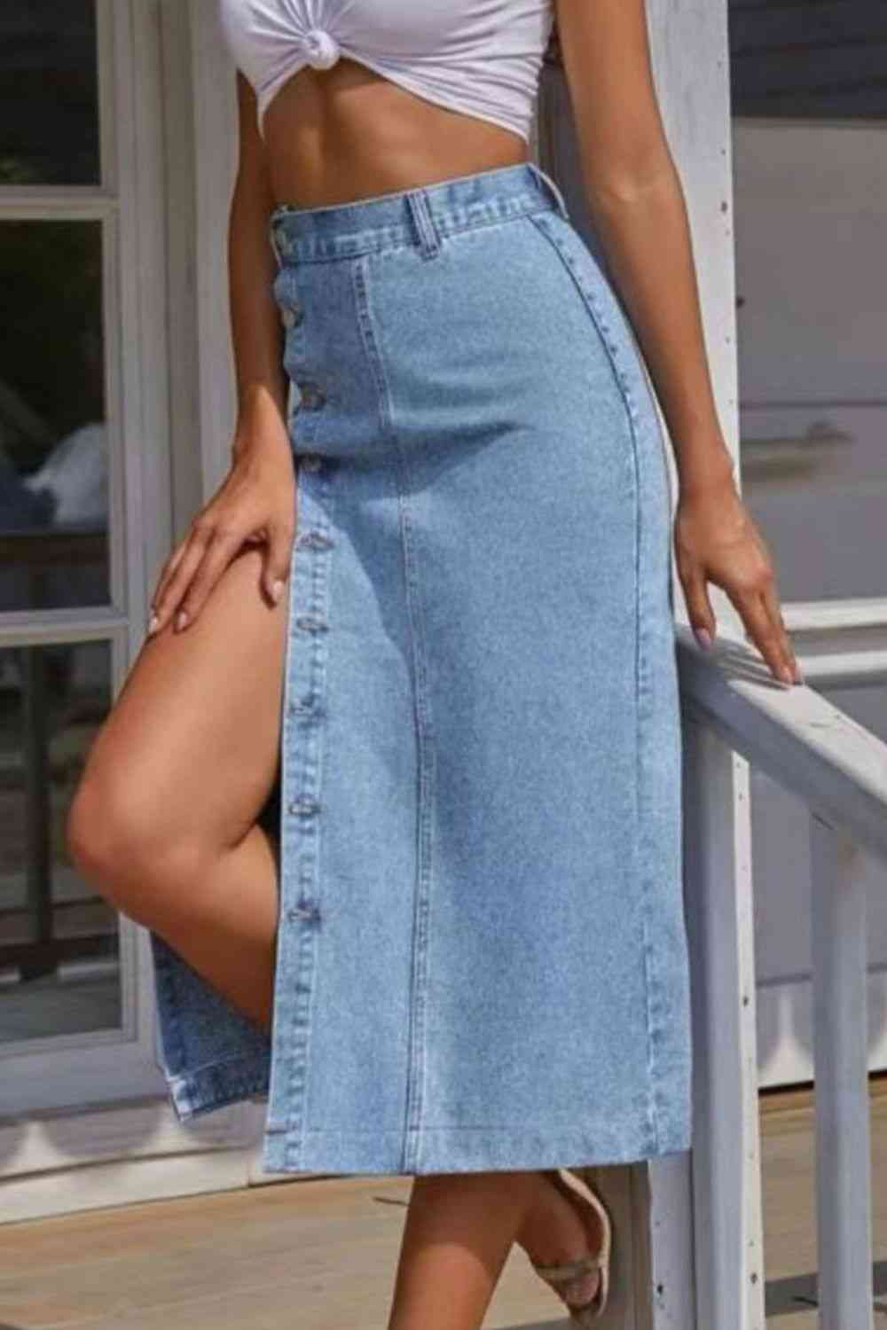 Buttoned Split Denim Skirt