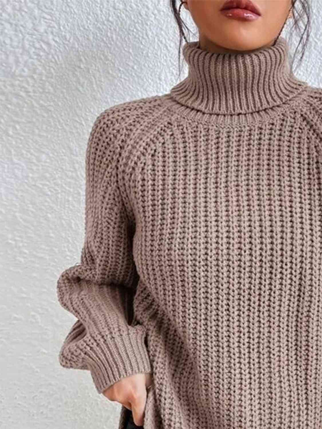 Full Size Turtleneck Rib-Knit Slit Sweater