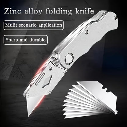 1pc Multifunction Folding Knife, Portable Pocket Knife, Electrician Utility Knife With 10pcs Blades Paper Cutter DIY Hand Tools, Stainless Steel Utility Knife, Woodworking Outdoor Camping Multifunctional High-Carbon Steel Wallpaper Cutting