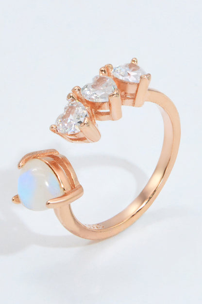 Bague ouverte coeur pierre de lune naturelle et zircon