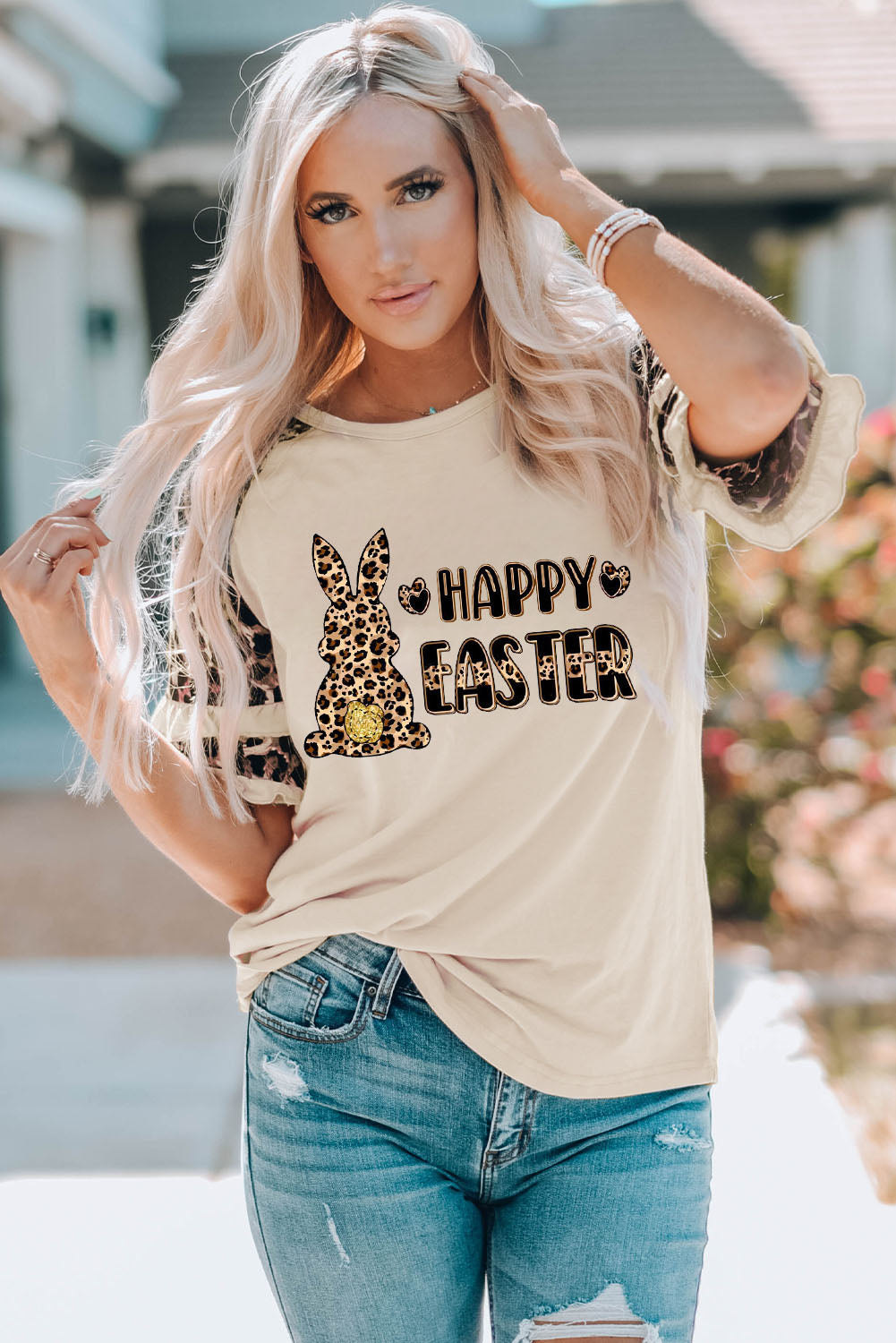 HAPPY EASTER Camiseta de manga a capas con estampado de leopardo