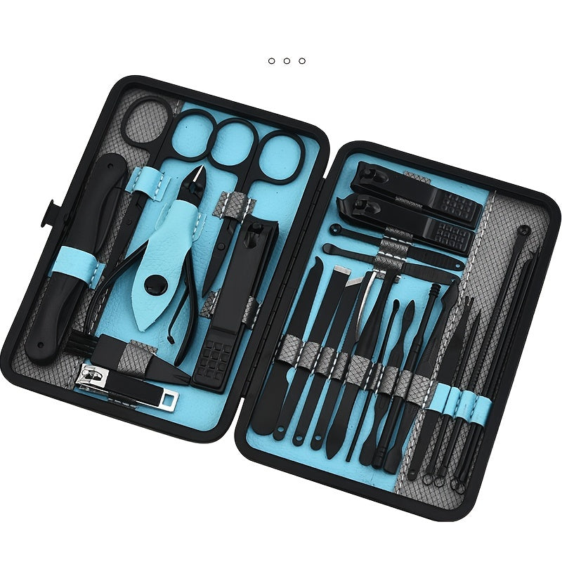 10/15/25 pcs Stainless Steel Manicure Kit with Black Leather Travel Case - Perfect for Men and Women - Includes Nail Clippers and Other Essentials