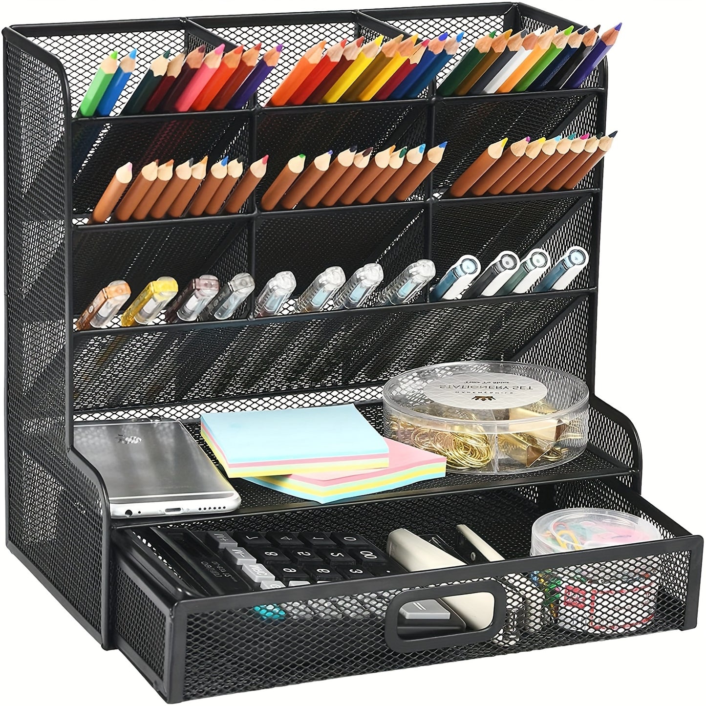 1pc Durable Metal Desk Organizer with 10 Compartments and 1 Drawer - Perfect for Pencils, Office Supplies, and More