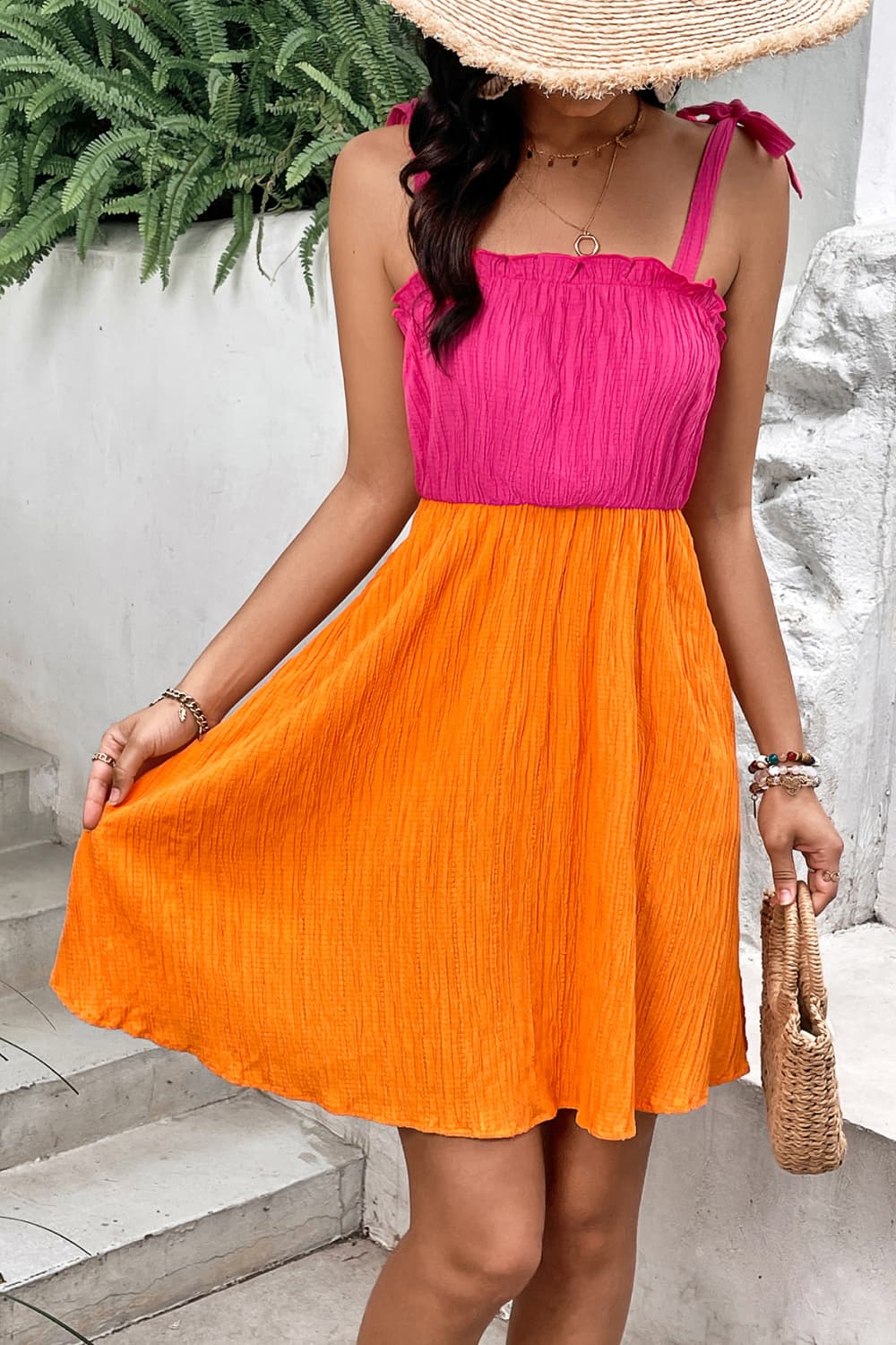 Two-Tone Tie-Shoulder Frill Trim Dress