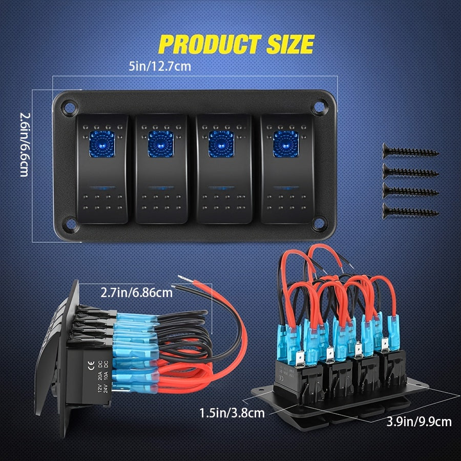 Upgrade Your Vehicle with a 4-Gang Aluminum Rocker Switch Panel - 5 Pin ON/Off Pre-Wired Rocker Switch with Blue Backlit - Perfect for Automotive, Marine, Boat, and RV!