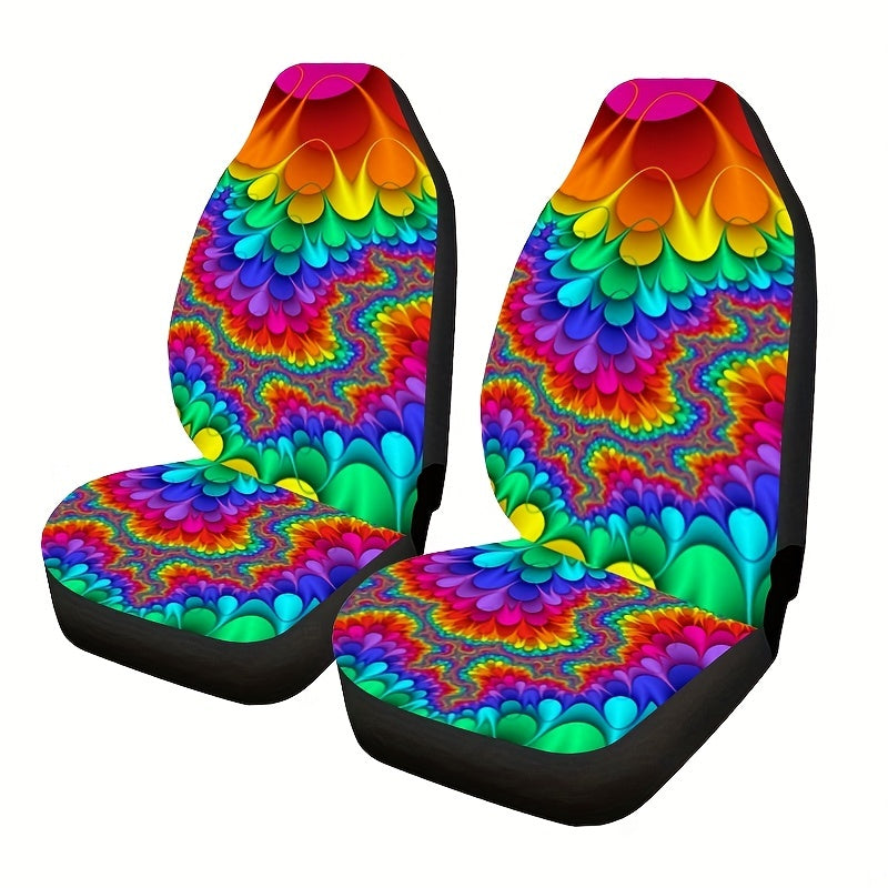 2pcs Rainbow Hippie Tie Dye Universal Car Seat Covers,Front Seats Only,Bucket Seat Protectors Fit For Cars, SUVs, Sedan Or Van