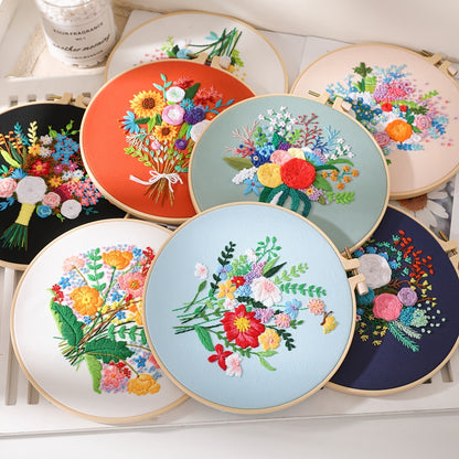 3pcs/set Embroidery Kit, Flower Bouquet Pattern, Including 1 Embroidery Hoop 7.9 Inch, DIY Knitting & Crochet Gift