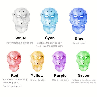 Masque facial LED 7 couleurs avec lumière du cou – Rajeunissement de la peau, traitement de l'acné et lifting du visage – Masseur ferme pour une peau jeune et éclatante 