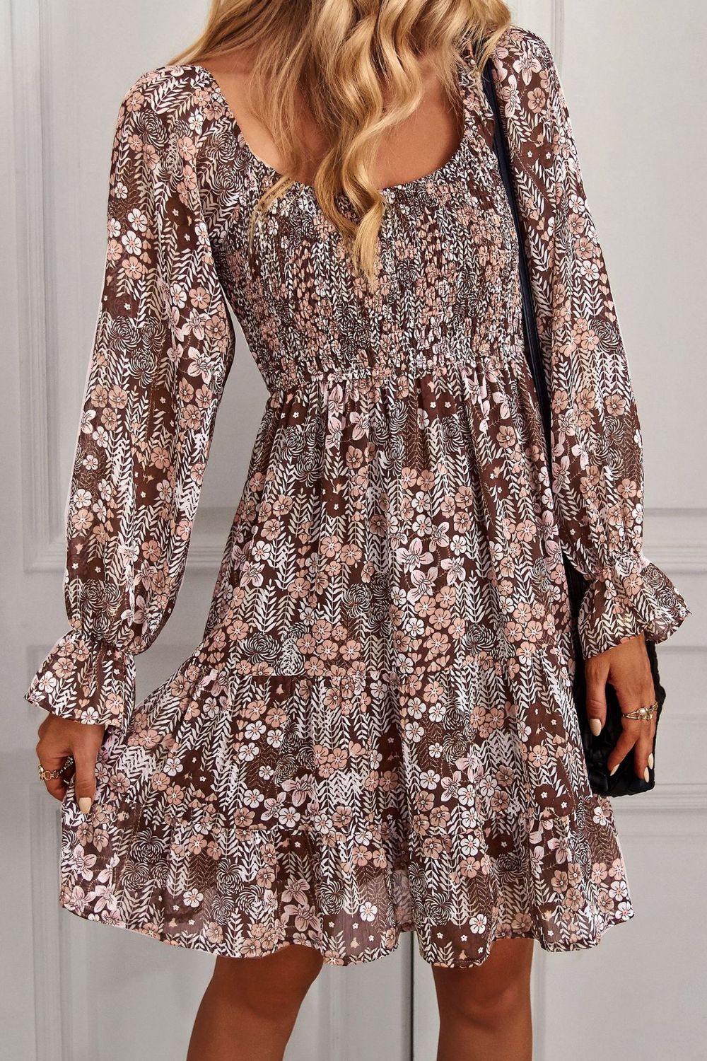 Floral Long Flounce Sleeve Square Neck Dress