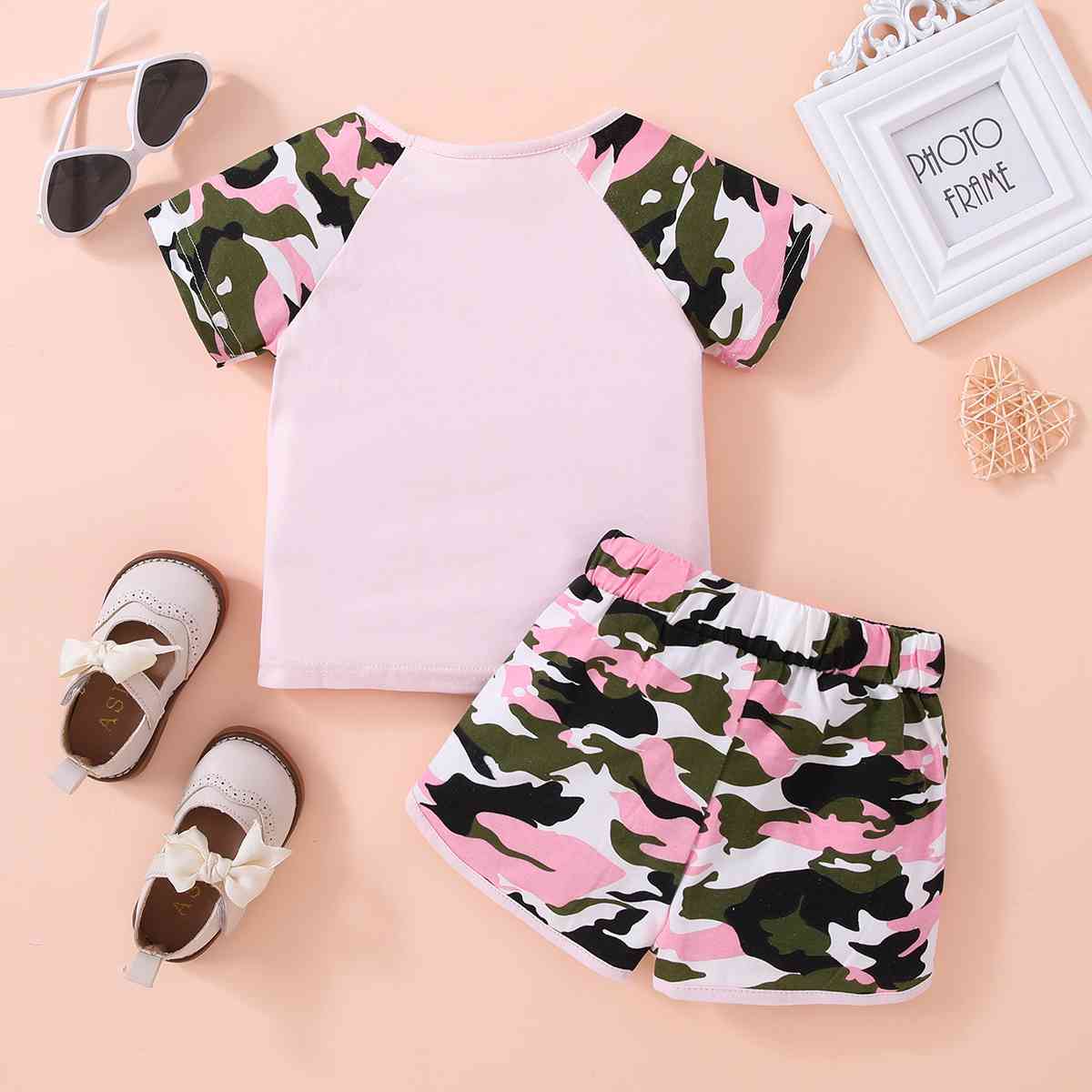 HELLO GIRL Graphic Tee and Camouflage Shorts Set