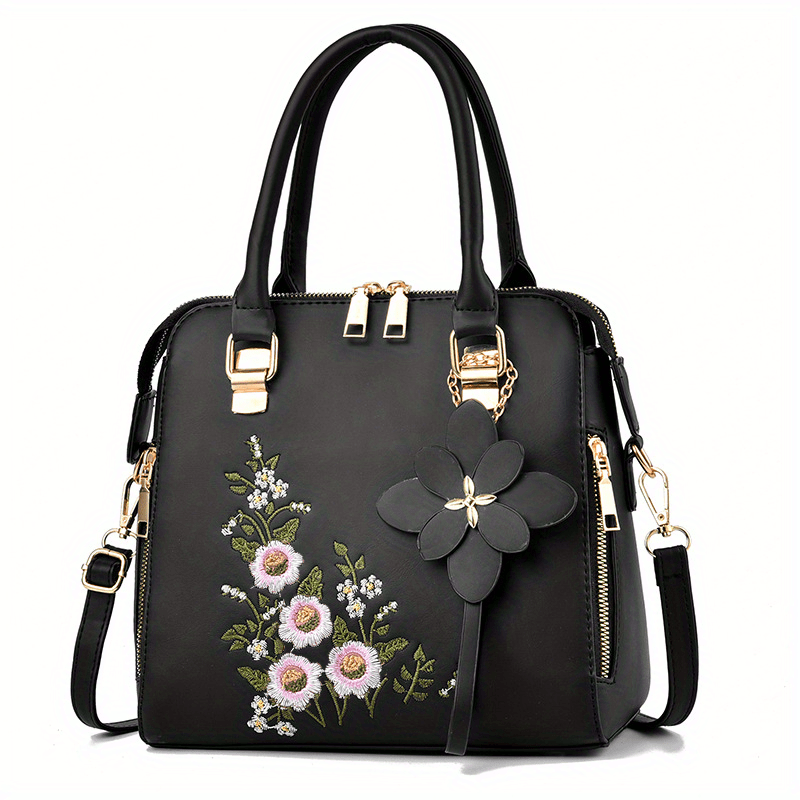 Women's Elegant Embroidered Tote Bag, Faux Leather Satchel Bag, Classic Zipper Shoulder Bag