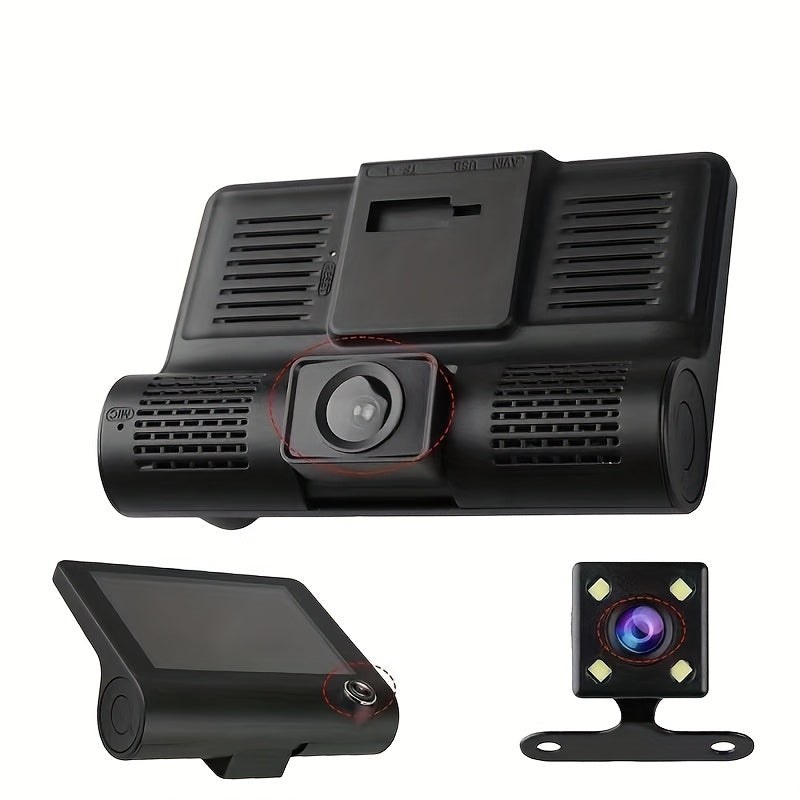 Triple Recording Car DVR - 1080P HD Front, Interior, and Rear Cameras with 4.0-inch Screen, Reverse Image, and Loop Recording - Capture Every Angle for Ultimate Safety and Security