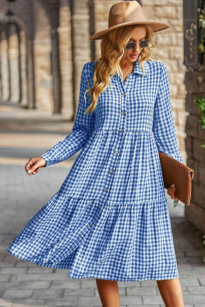 Collared Neck Long Sleeve Midi Dress