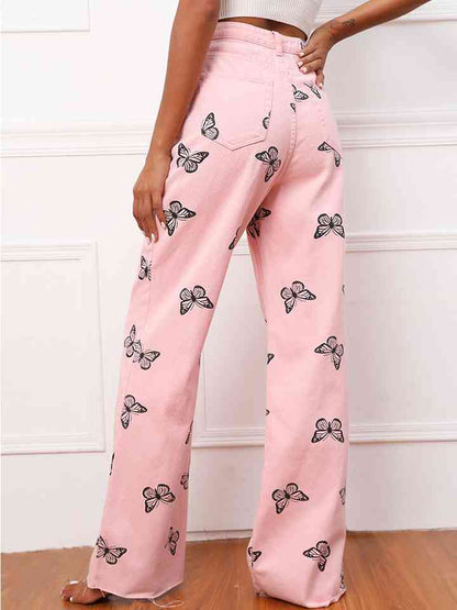 Butterfly Pattern Wide Leg Jeans