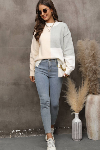 Color Block Crewneck Drop Shoulder Sweater