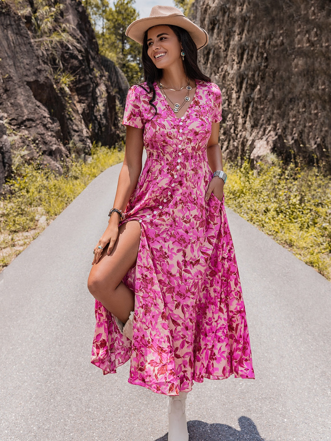 Floral V-Neck Slit Dress