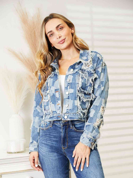 Veste en jean à carreaux et ourlet brut, épaules tombantes