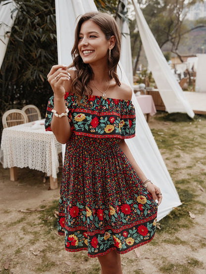 Bohemian Print Off-Shoulder Strapless Knee Length Dress